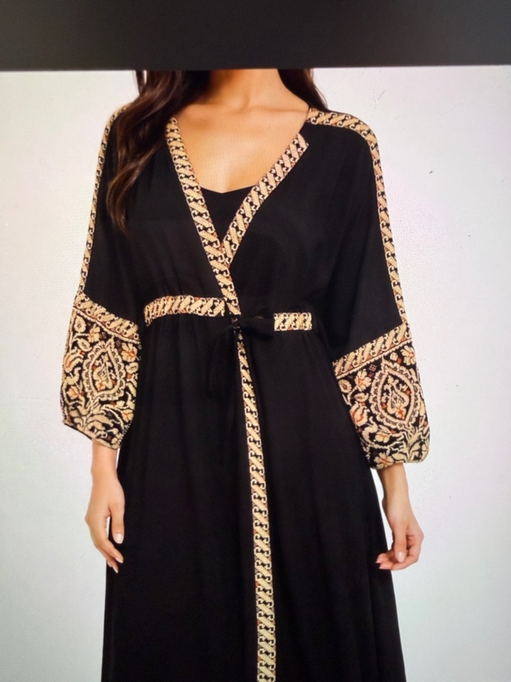 Black Embroidered Trim Maxi Dress with Tie